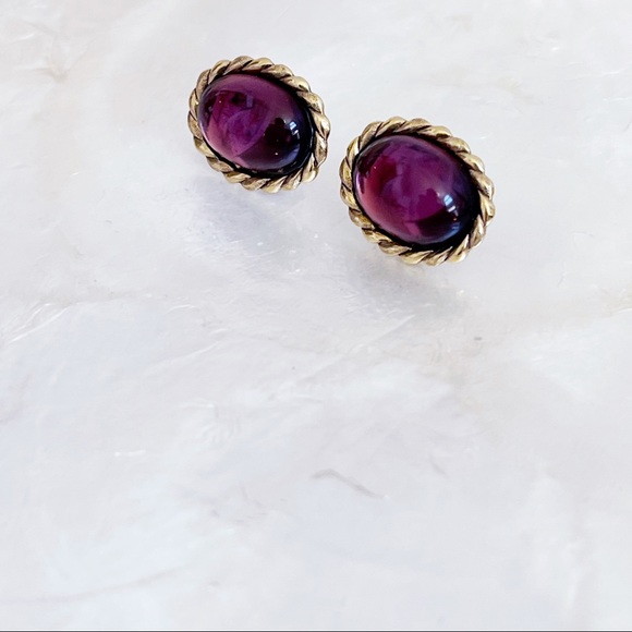 Gold Tone Twist Oval Faux Purple Cabochon Earrings - Picture 5 of 7